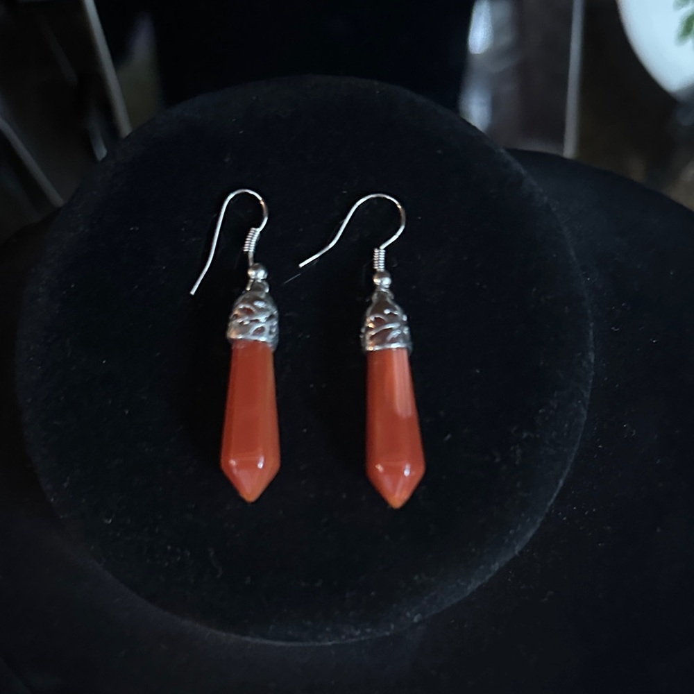 Silver and Burnt Orange Drop Earrings Crystals with filigree silver
